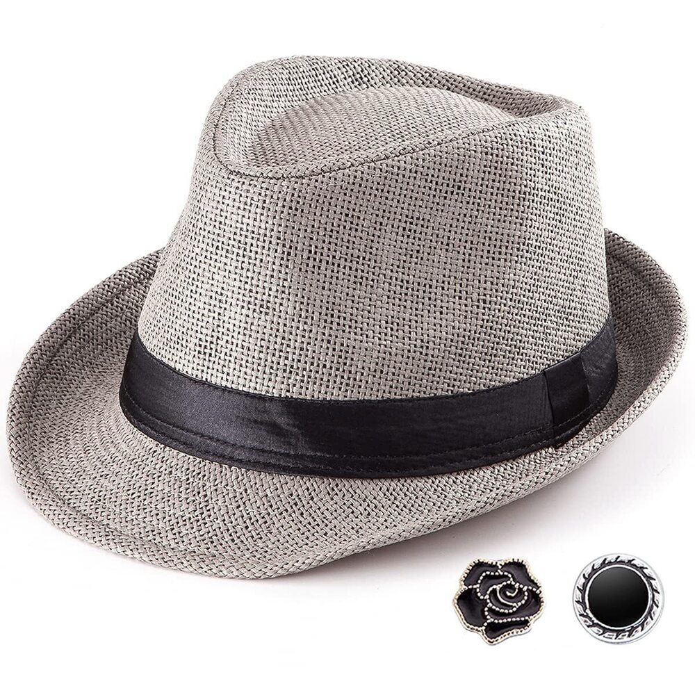 8257 Summer Grey Straw Trilby Fedora Hat 1920s Short Brim Panama Cap 7 1/4